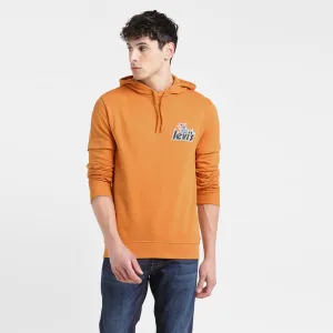 Men's Solid Orange Hooded Sweatshirt Embroidered Details