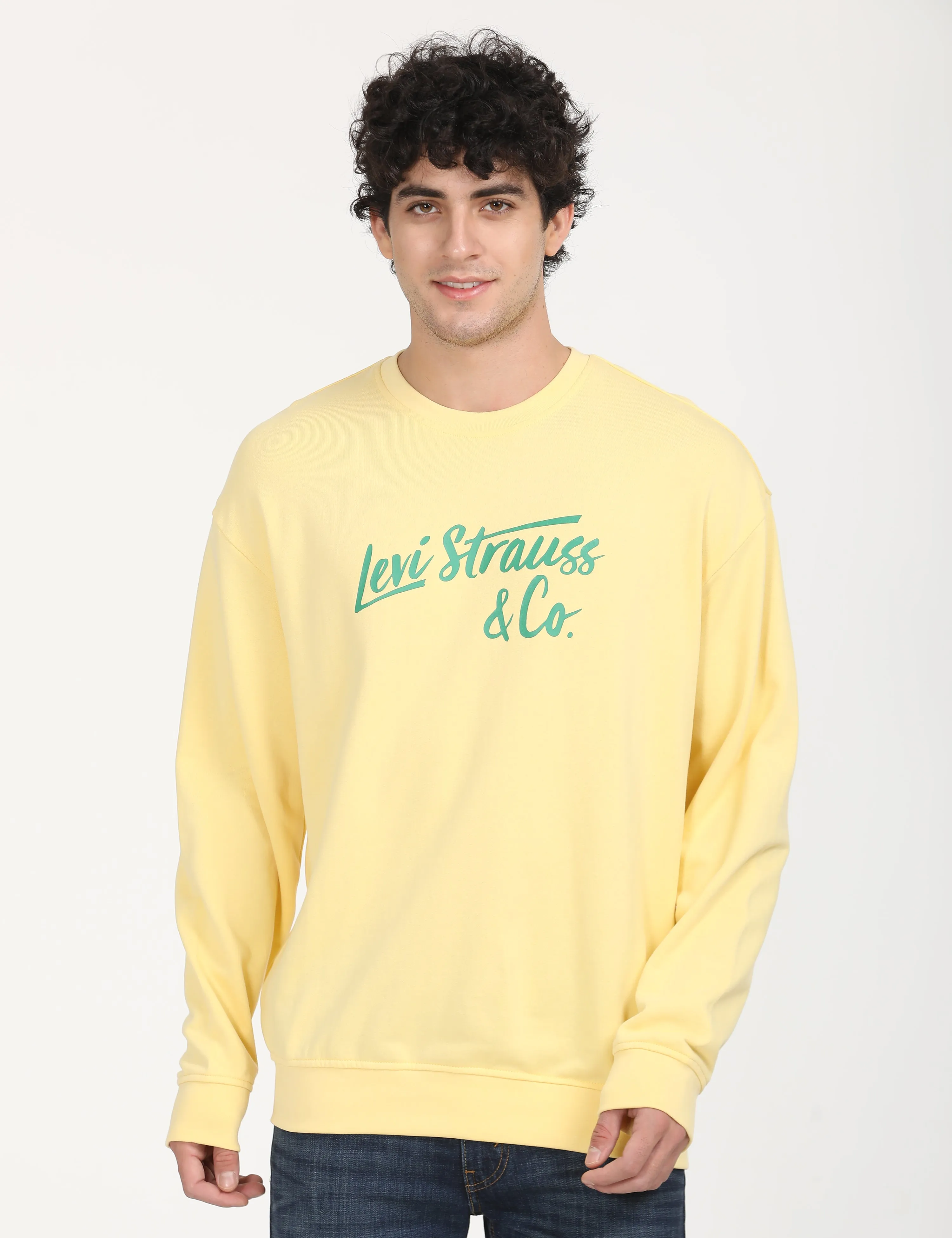 Men's Solid Yellow Crew Neck Sweatshirt Rare Find Relaxed Outfit