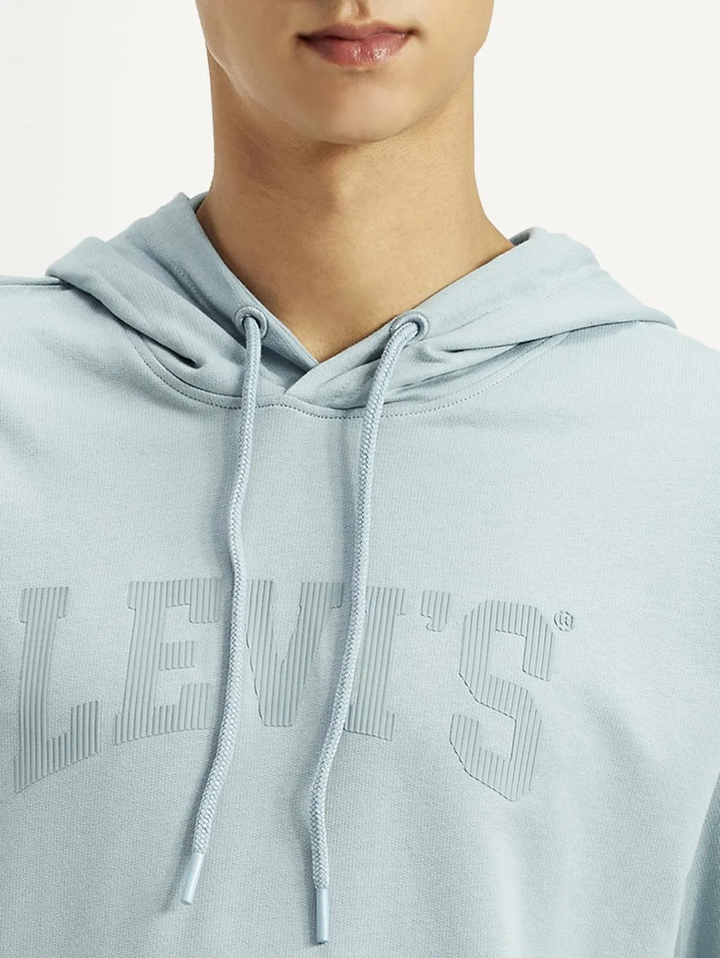 Men's Typographic Print Blue Hooded Sweatshirt Leather like Middle Eastern style