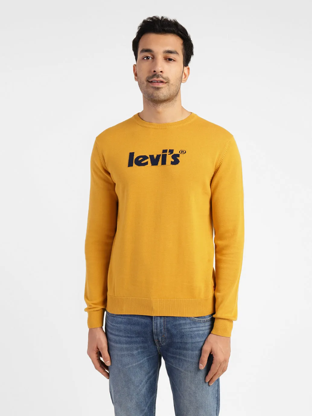 Men's Brand Logo Crew Neck Sweater Yellow Non Fading Coloration Active Outfit