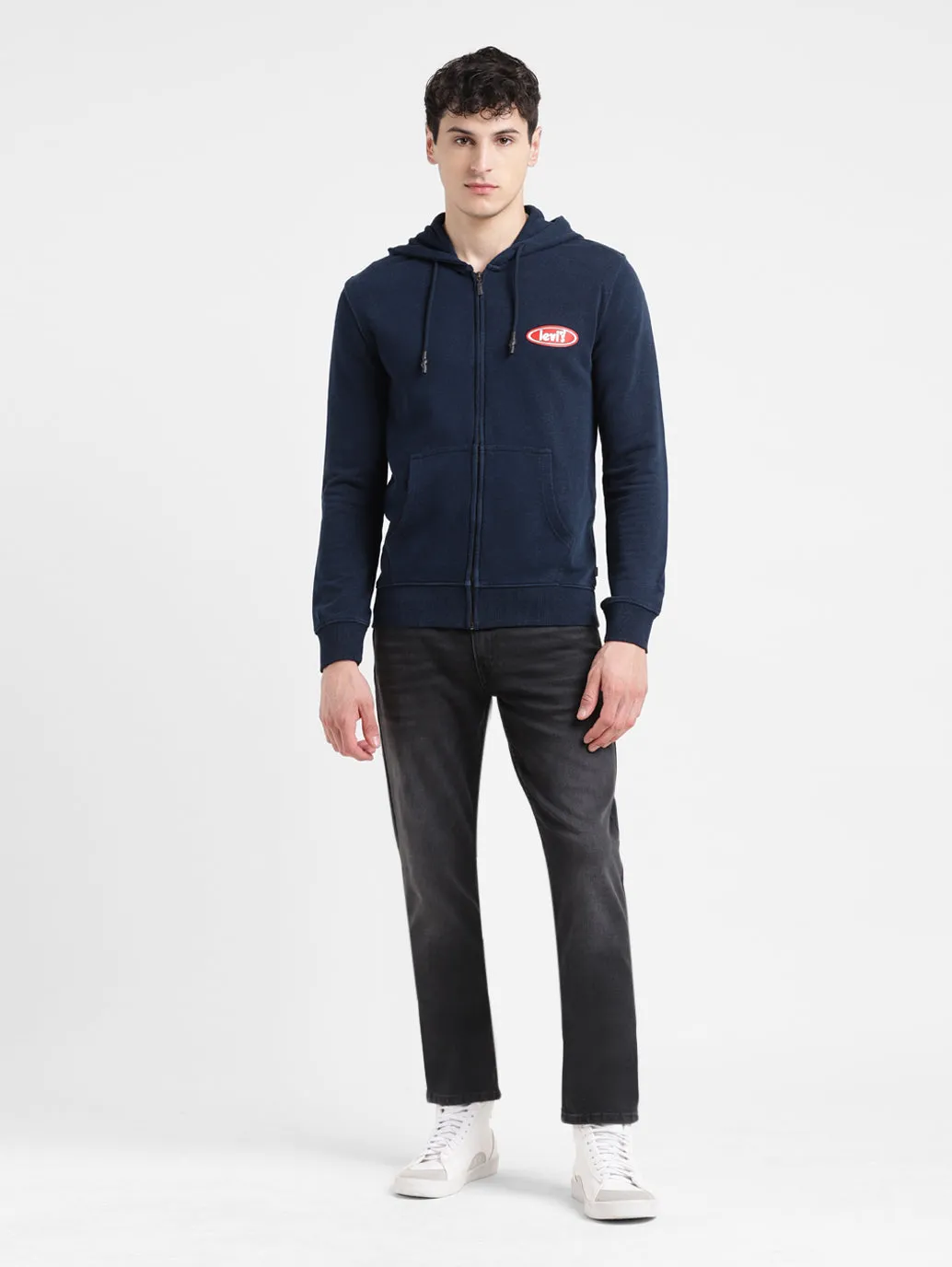 Faux Suede Athleisure Wear Men's Solid Blue Hooded Sweatshirt