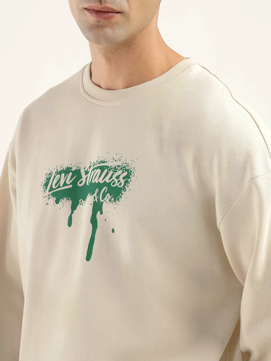 Men's Brand Logo Cream Crew Neck Sweatshirt Modern Streetwear