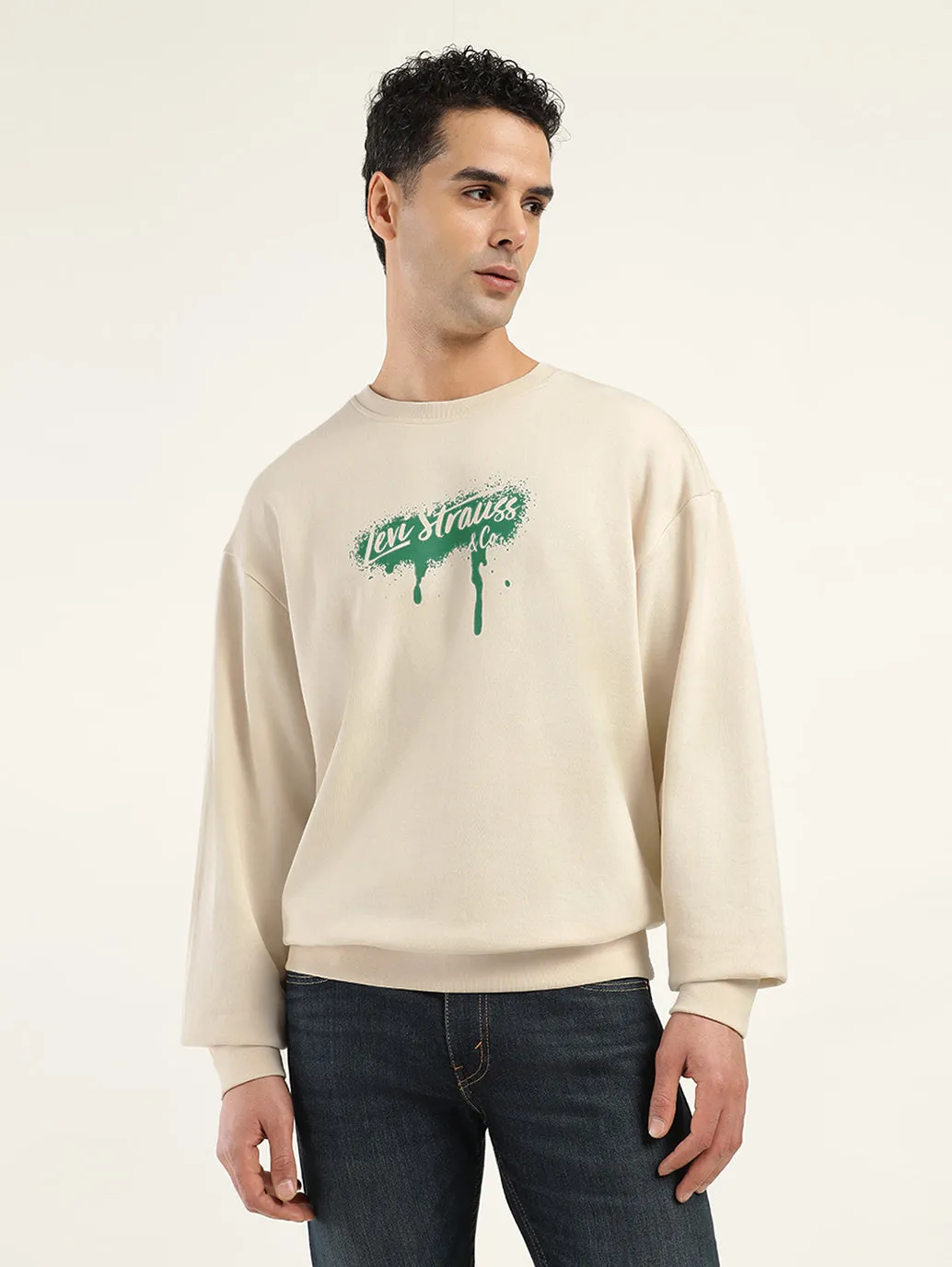Fashion Street Men's Brand Logo Cream Crew Neck Sweatshirt
