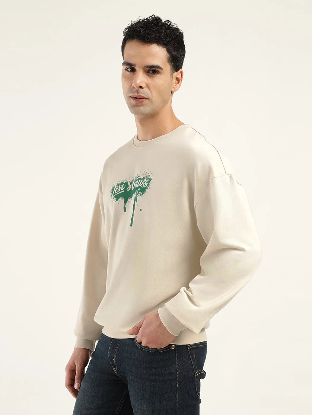 Date Night Casual Men's Brand Logo Cream Crew Neck Sweatshirt
