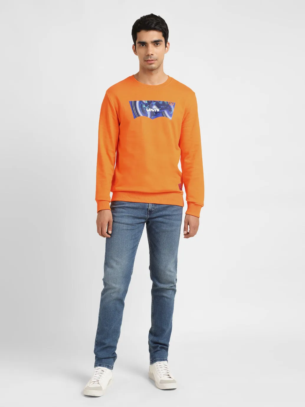 High Stretch Elastic Men's Solid Orange Crew Neck Sweatshirt