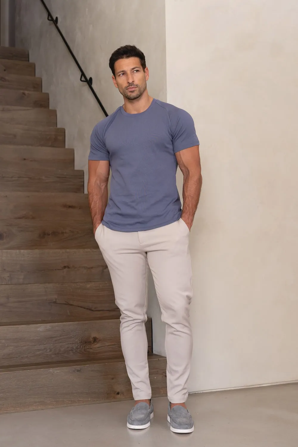 Knit Look T-Shirt in Slate Blue LayeredHemDetails