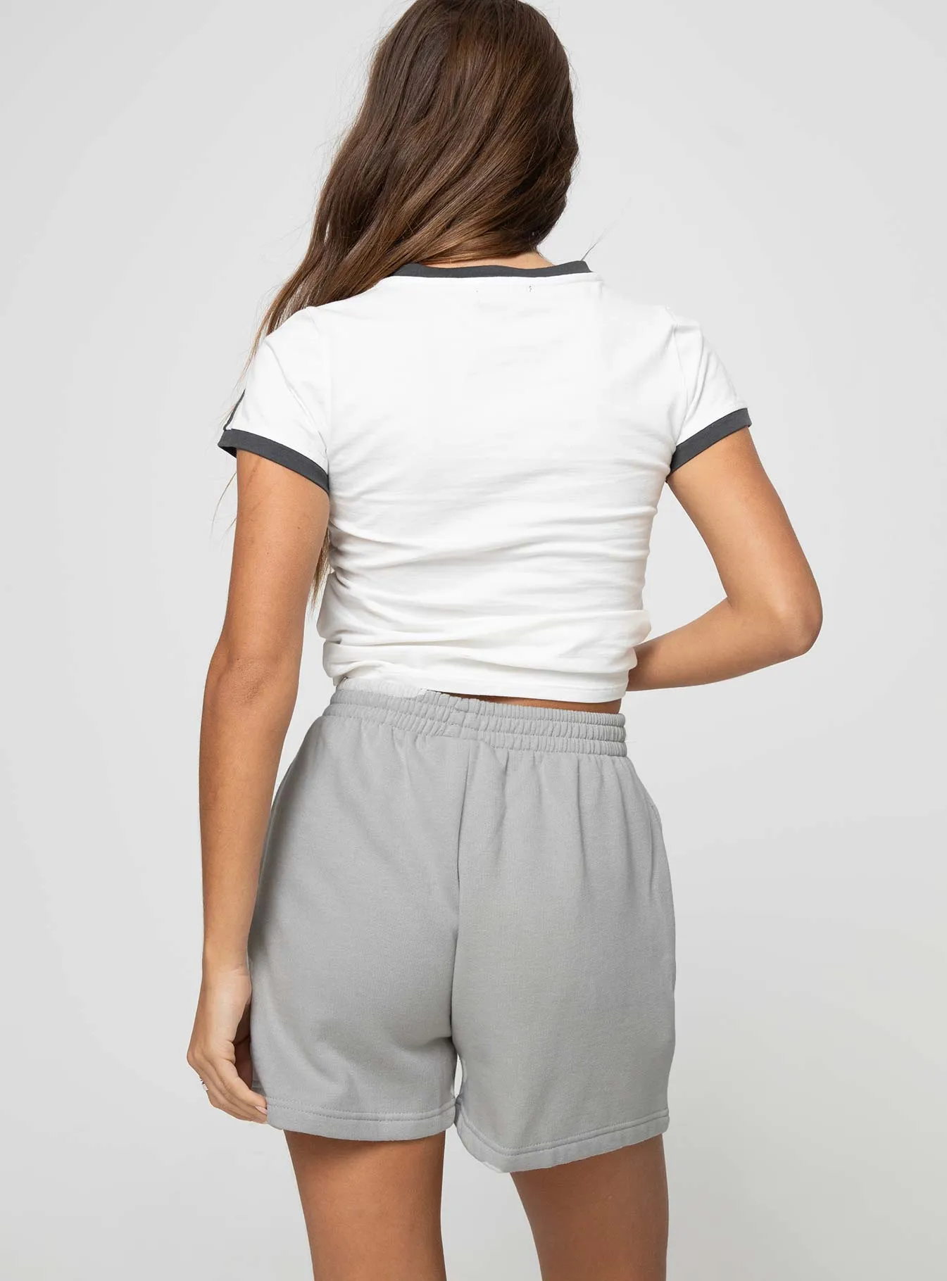 Princess Polly Track Shorts Cursive Text Grey / Blue Breath Skin
