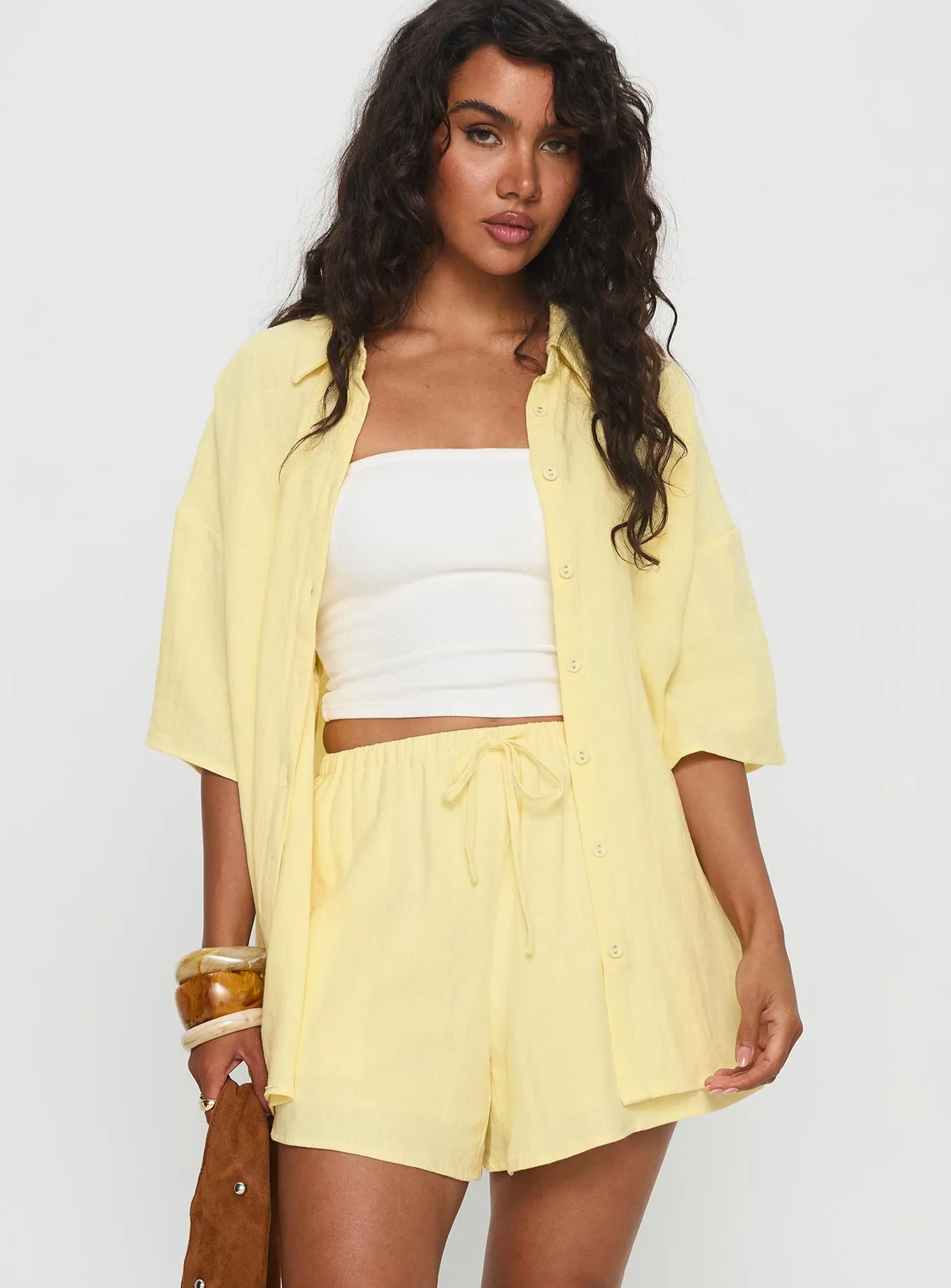 Lake Glow Breathable fabric Peni Drawstring Linen Shorts Yellow