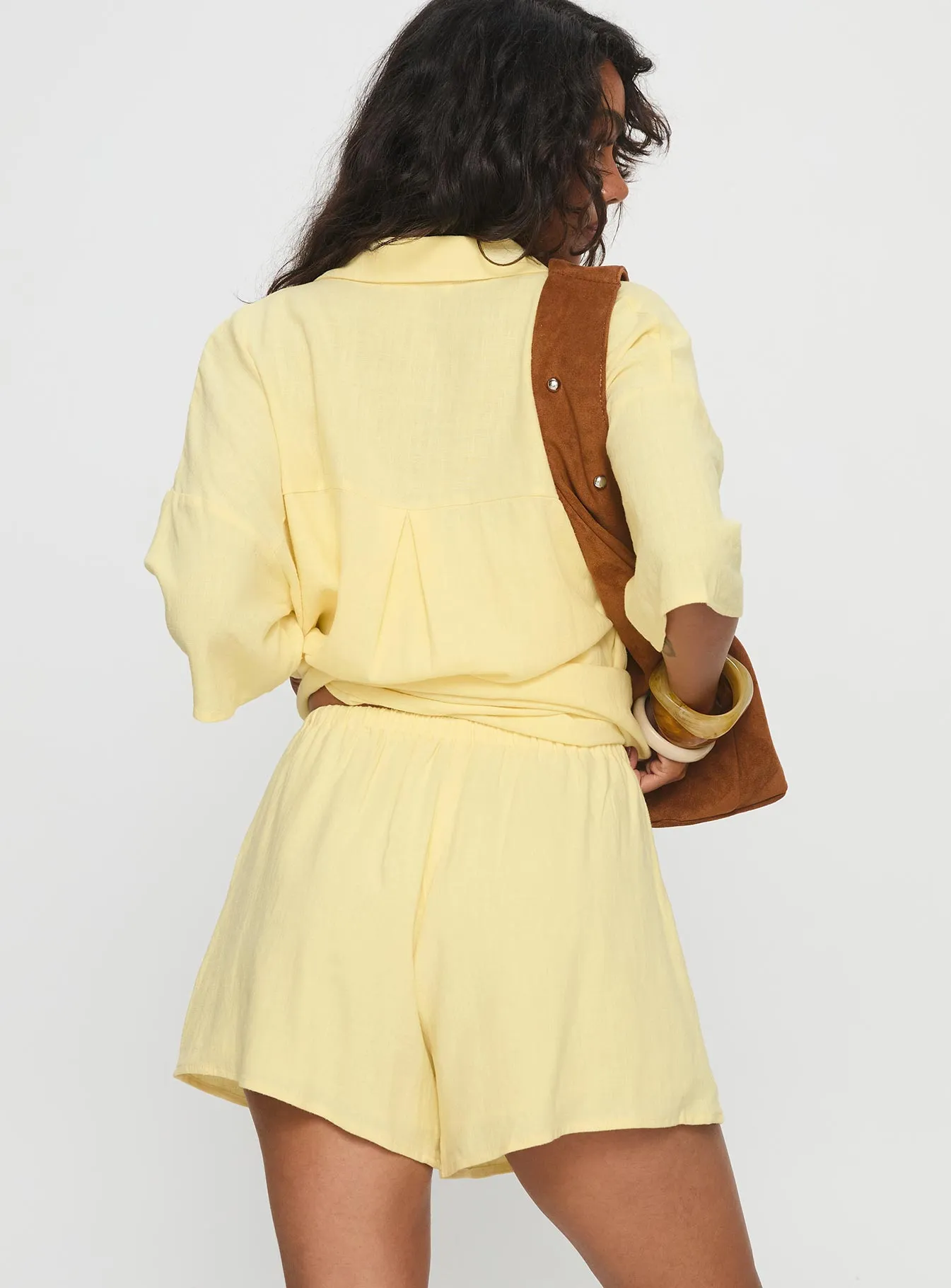 Peni Drawstring Linen Shorts Yellow Colorfast Dye