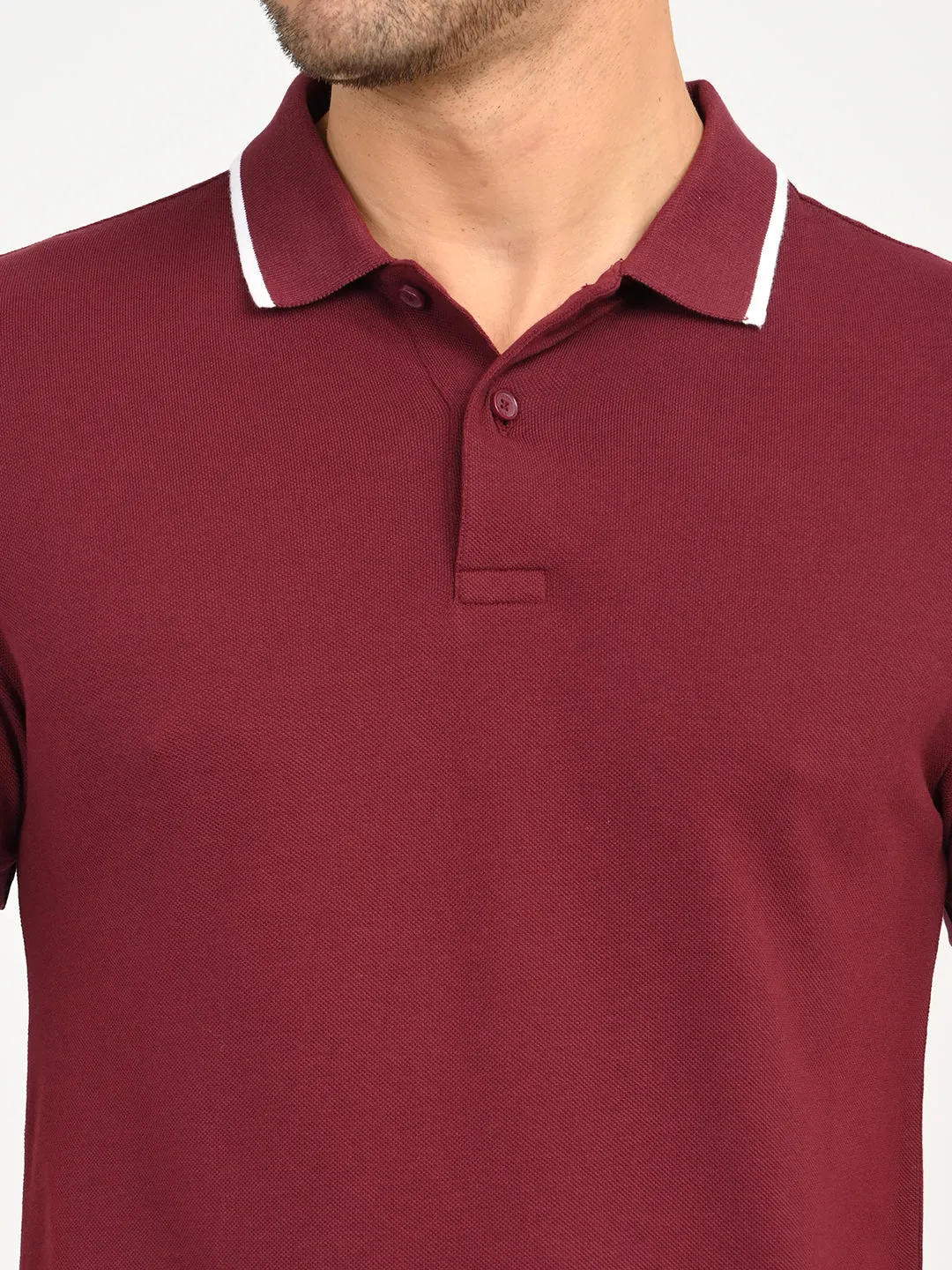 Men's Solid Maroon Polo T-Shirt Herringbone Texture Soft Collar Construction