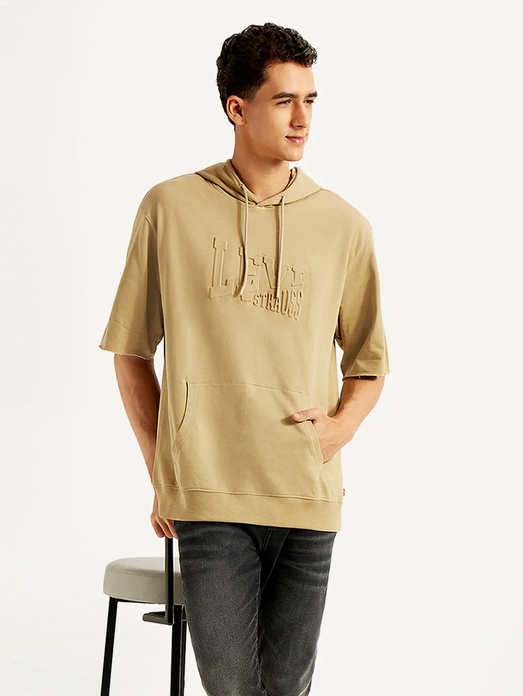 Stylish Apparel Men's Embossed Tan Hooded Sweatshirt