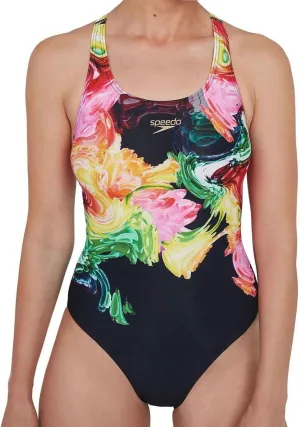 Snag Resistant Fiber Speedo ColourBlend Placement Digital Powerback Womens Swimsuit - Black