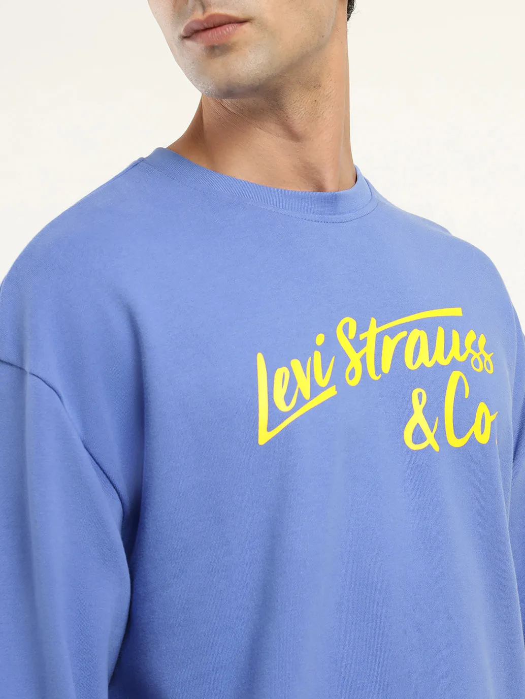 Men's Solid Blue Crew Neck Sweatshirt Relaxed Outfit Monochrome Palette