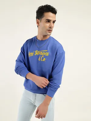 Men's Solid Blue Crew Neck Sweatshirt Minimalist Design