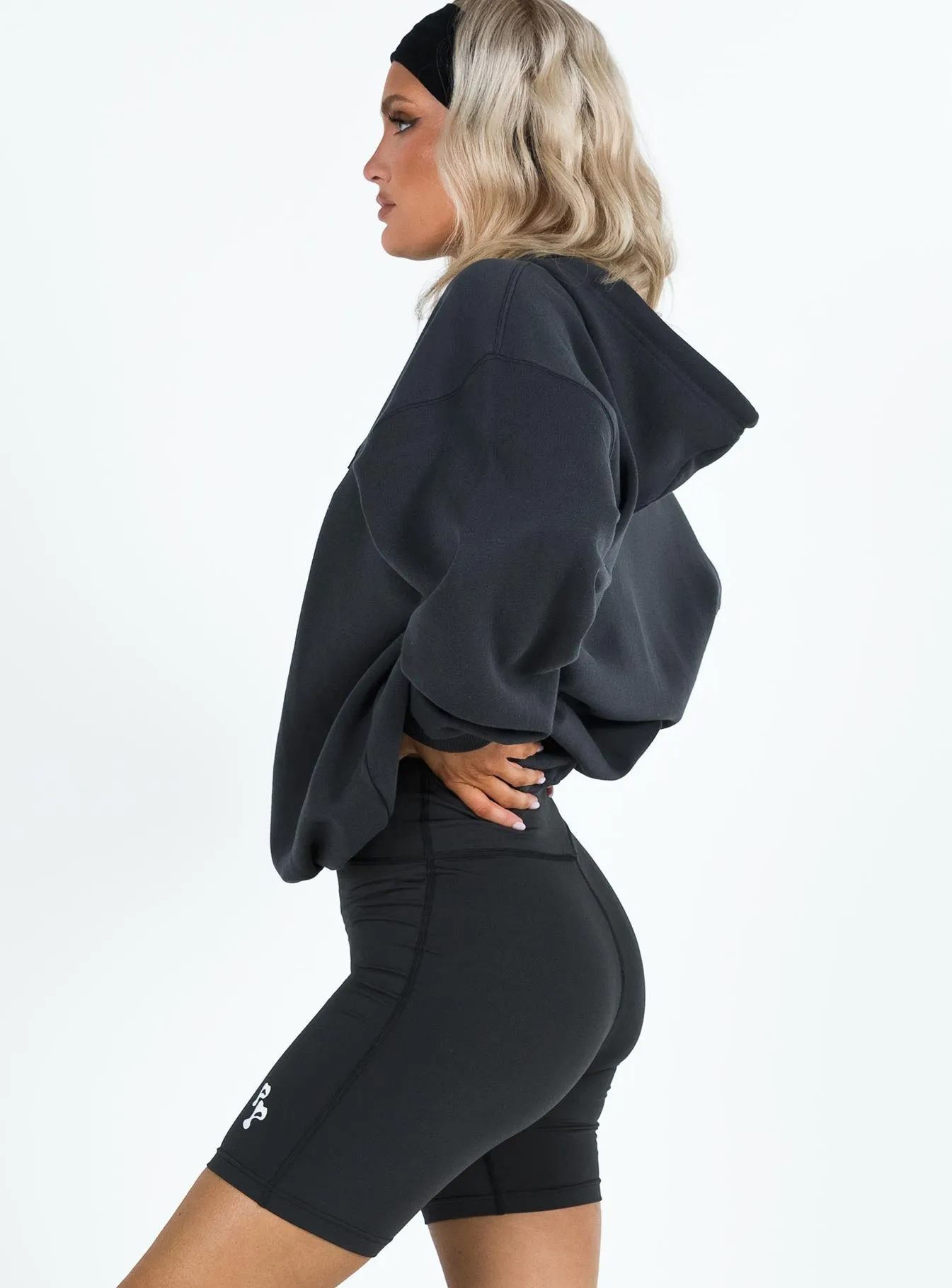 Princess Polly Bike Shorts Bubble Text Black Sand Leader Fit Smooth Line