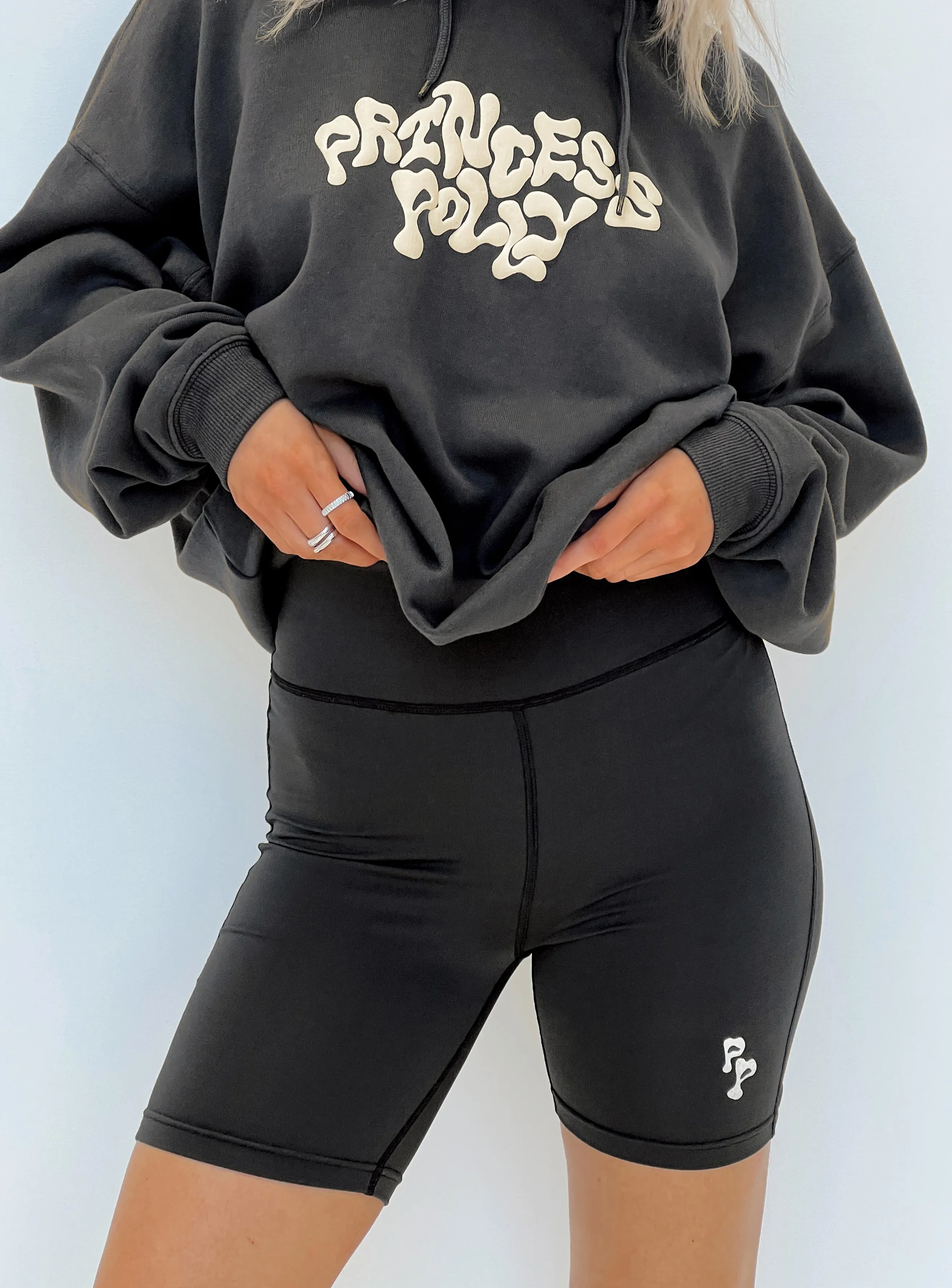 Princess Polly Bike Shorts Bubble Text Black Sand slim fit Self Love