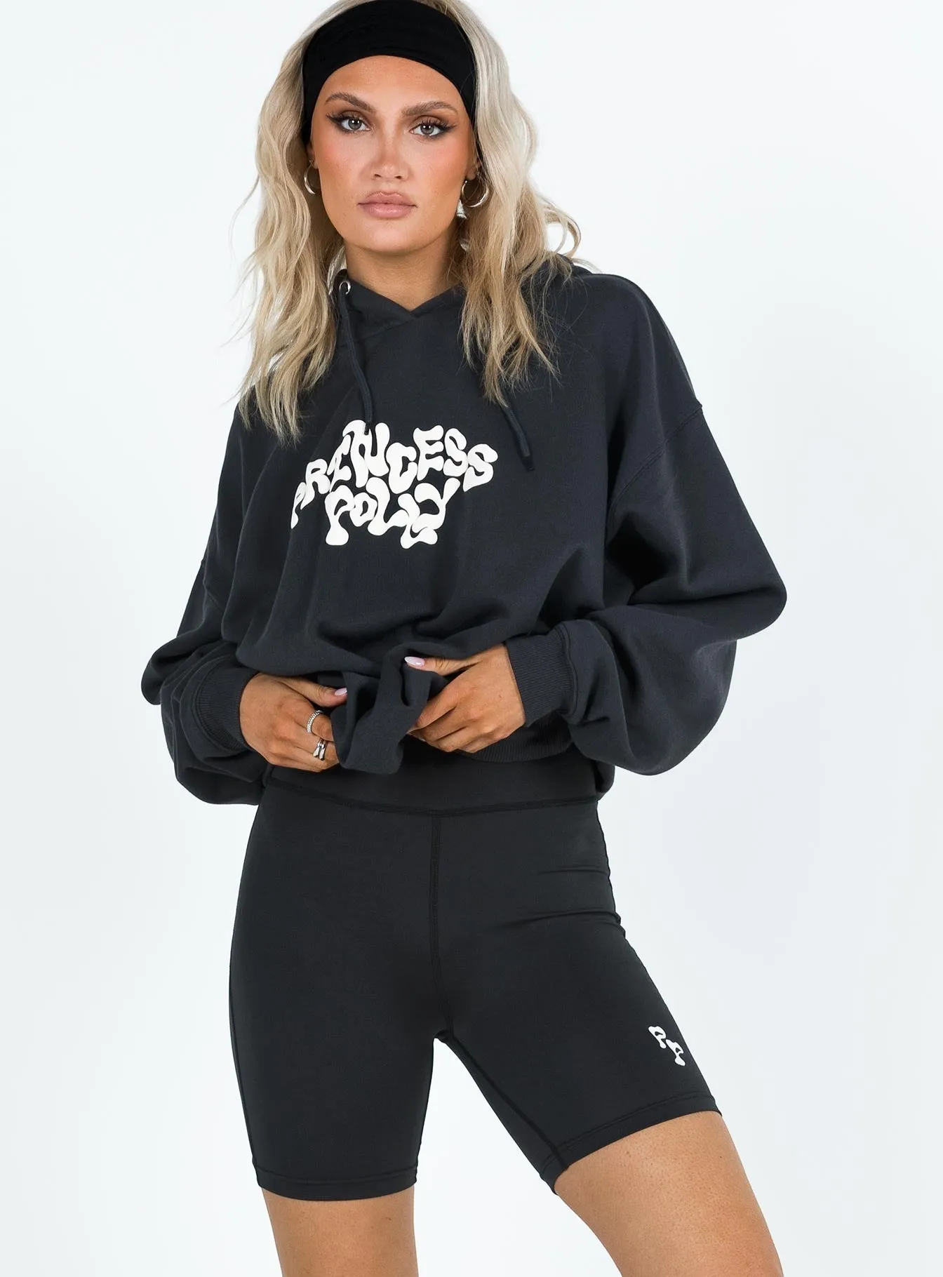 Princess Polly Bike Shorts Bubble Text Black Sand Hotel Style