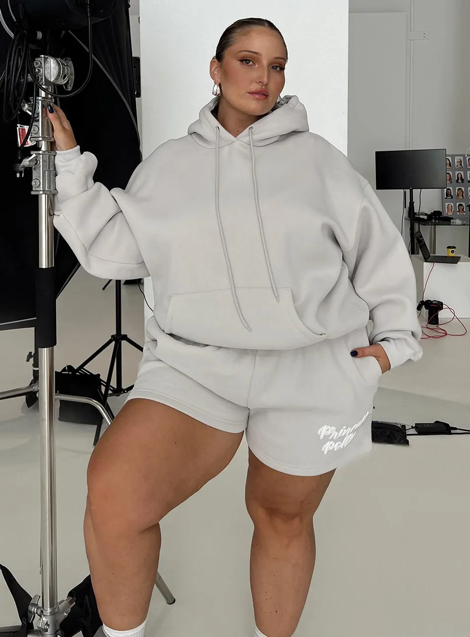 Icon Fit Princess Polly Track Shorts Puff Text Grey Curve
