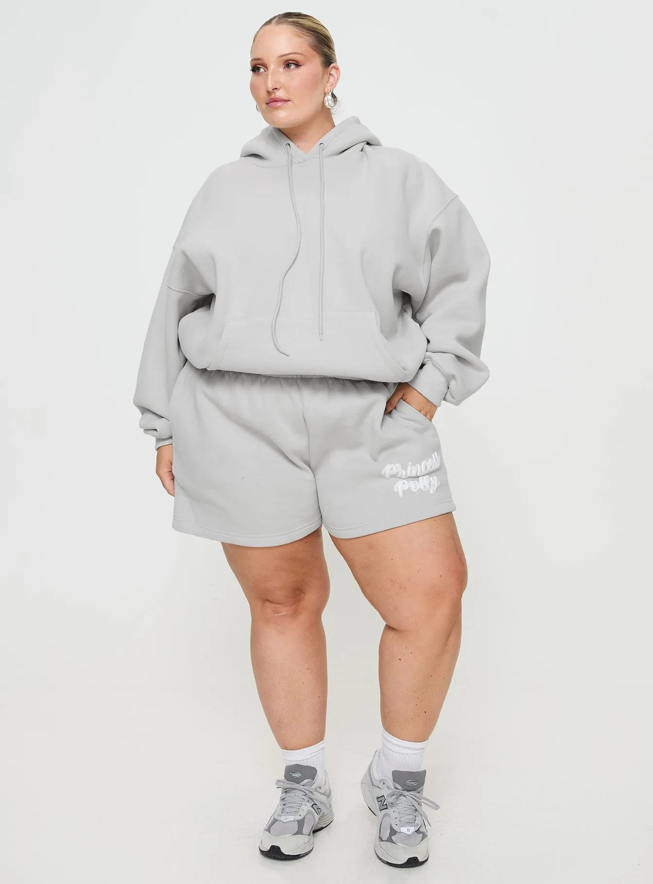 Princess Polly Track Shorts Puff Text Grey Curve ElasticFree Cuffs Breathable Lining