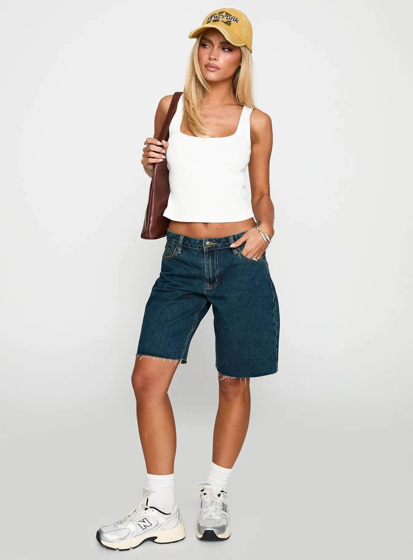 Cult Classic Longline Denim Shorts Vintage Wash AdjustableHemline Tough Core