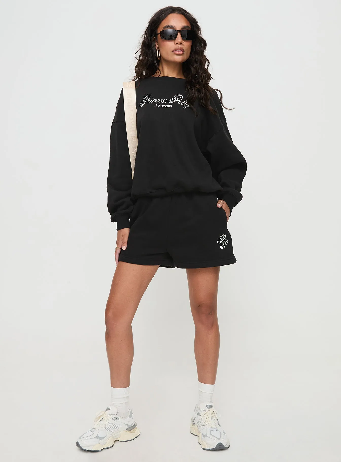 Princess Polly Track Shorts Cursive Text Black Sand Quiet Charm Sport Ease