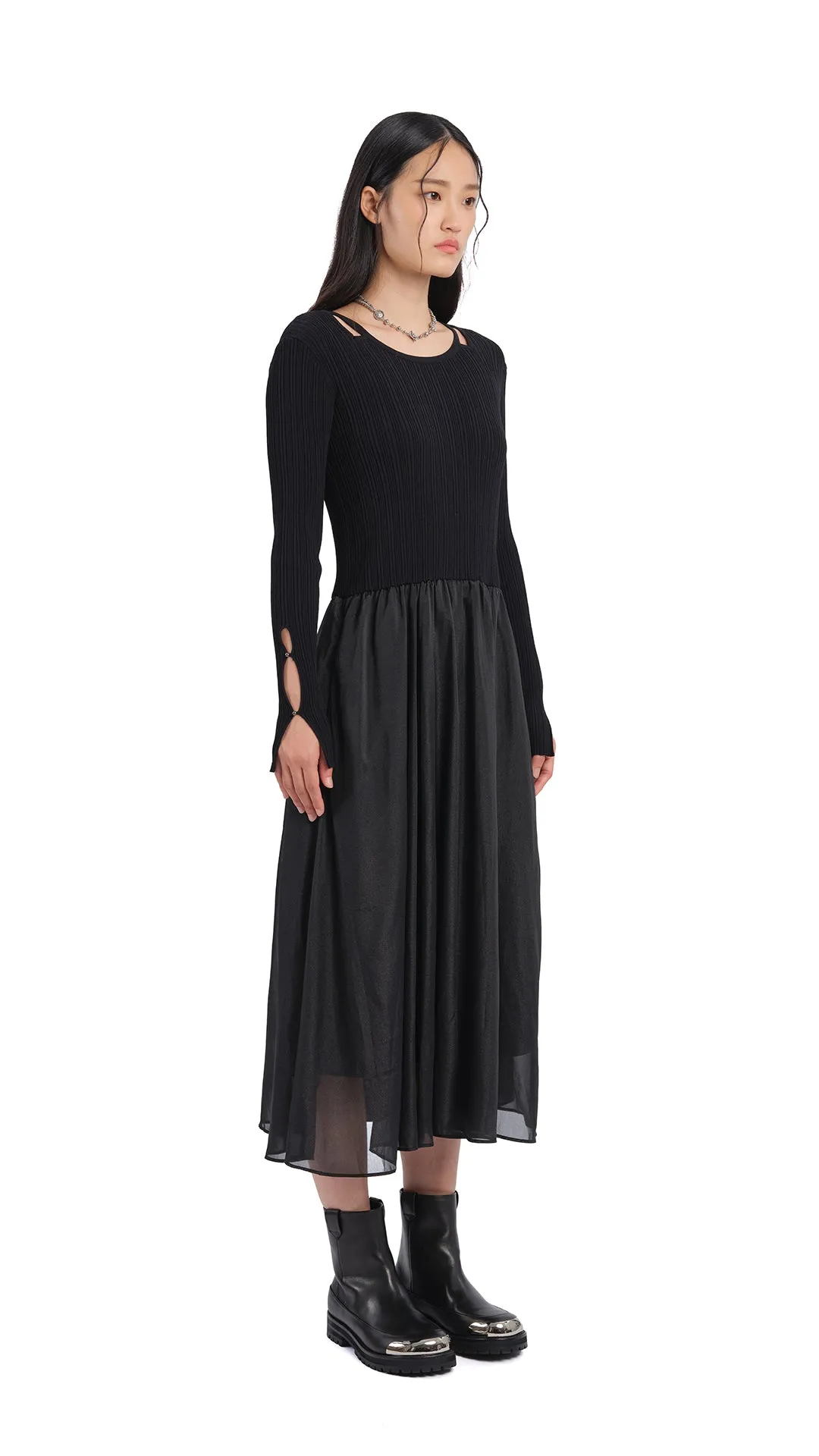 Cut-Out 2 In 1 Knit Dress AntiPilling Finish Pure Cotton