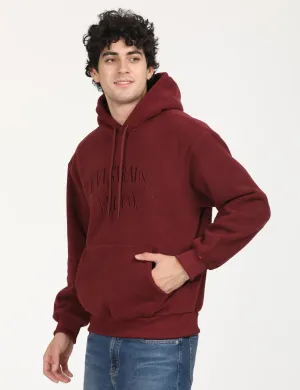 Men's Brand Logo Maroon Hooded Sweatshirt Contrast Inner Layer Cozy Feel