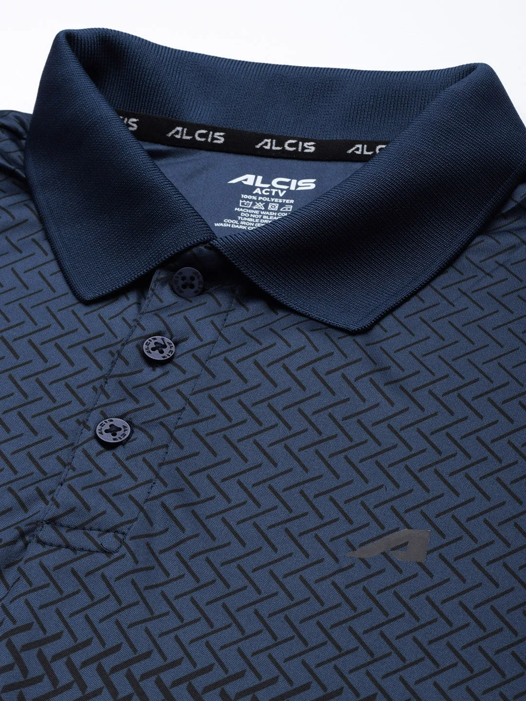 Alcis Men Navy Blue Black Printed Polo Collar Slim Fit Running T-shirt Breathable Cotton