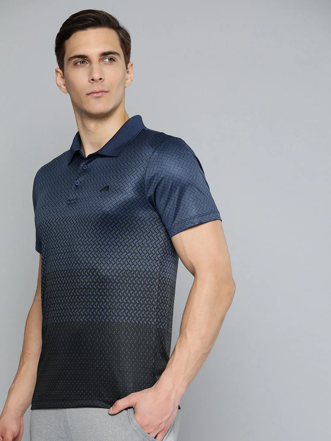 Alcis Men Navy Blue Black Printed Polo Collar Slim Fit Running T-shirt NoChafe Collar Lining Breathable Weave