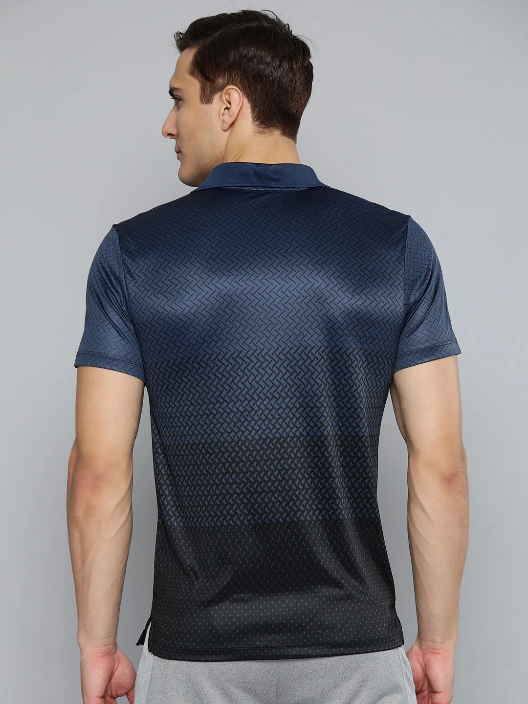 Alcis Men Navy Blue Black Printed Polo Collar Slim Fit Running T-shirt Stylish Detail quick dry