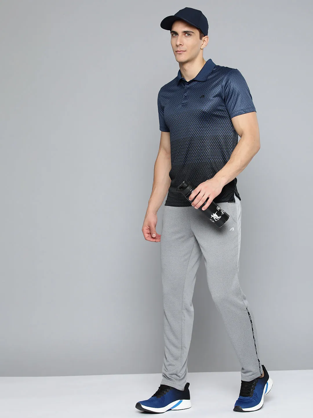 Wrinkle Free Treatment Stylish Detail Alcis Men Navy Blue Black Printed Polo Collar Slim Fit Running T-shirt