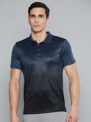 Alcis Men Navy Blue Black Printed Polo Collar Slim Fit Running T-shirt Barrel Cuff Design