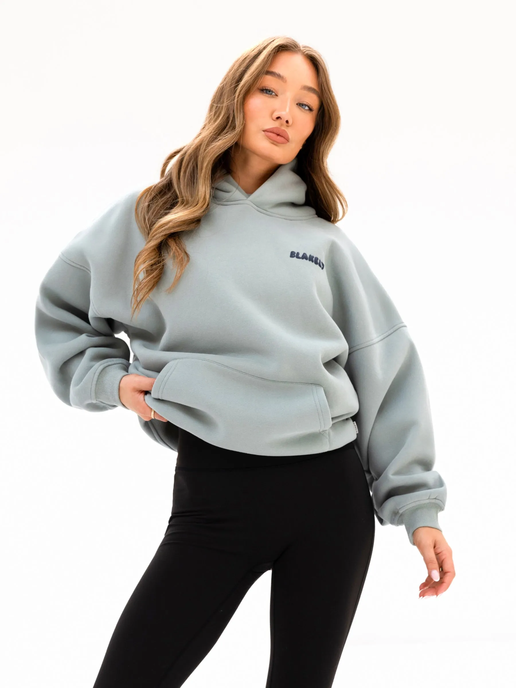 Leather Accents Cloud Print Oversized Hoodie - Mineral Blue