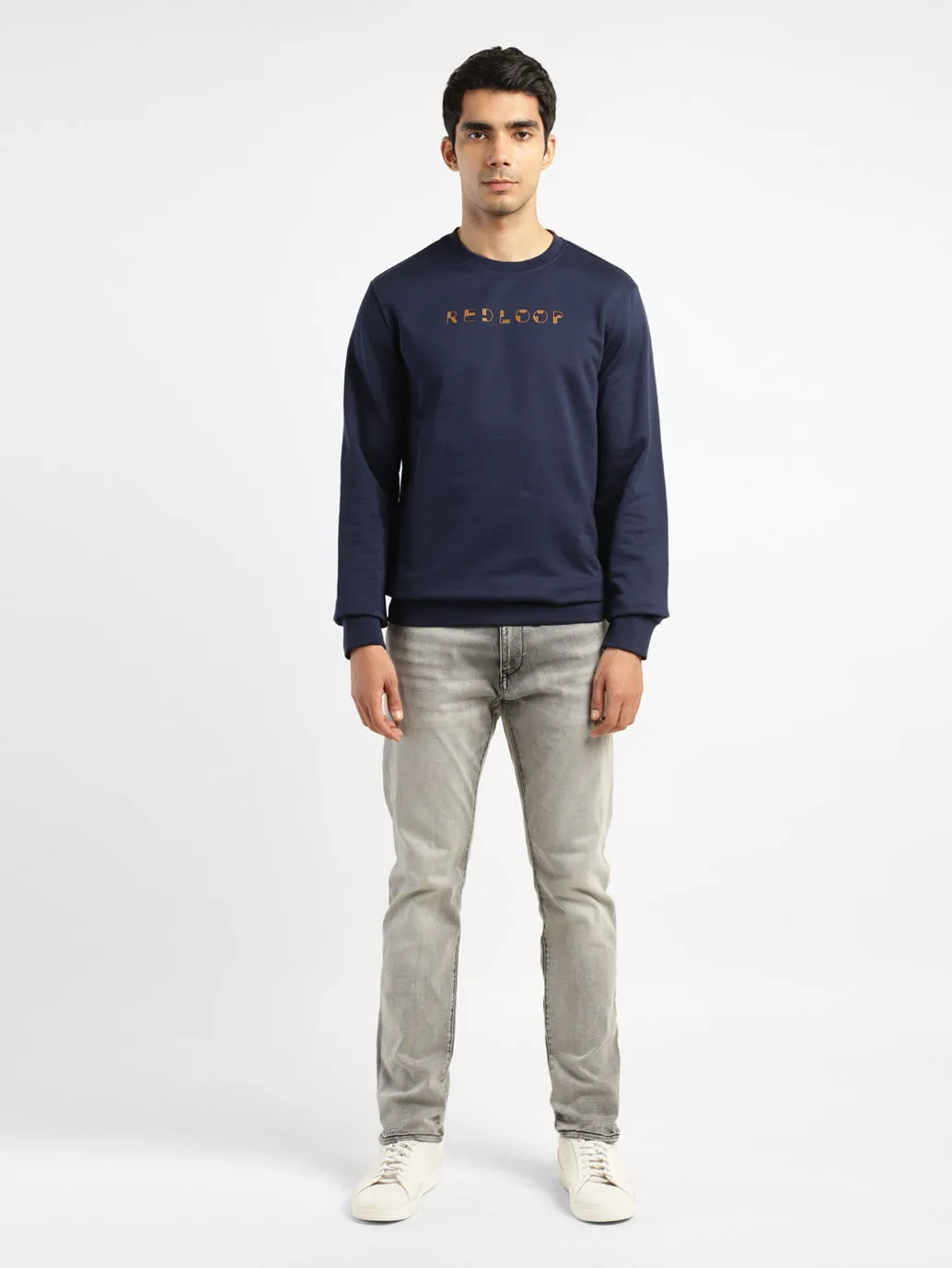 Wind Resistant Coating microfiber Men's Brand Logo Blue Crew Neck Sweatshirt