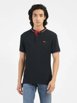 Herringbone Texture Men's Black Polo Collar T-Shirt