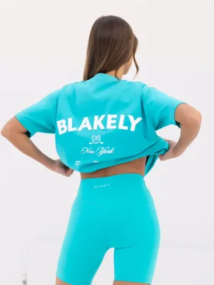 hypoallergenic material Durable Knitwear NY Crest Oversized T-Shirt - Aqua