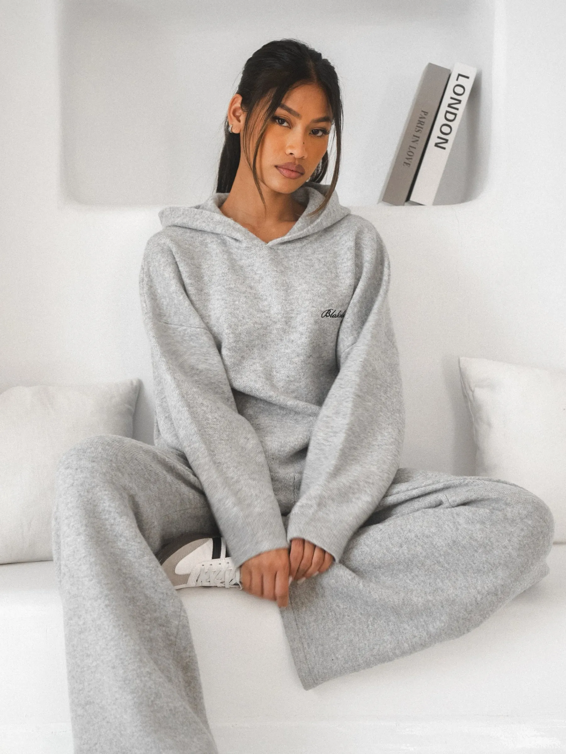 Oversized Knitted Hoodie - Marl Grey indoor relaxation