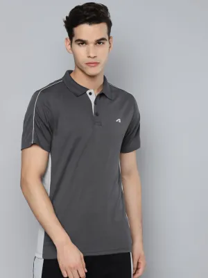 Alcis Men Charcoal White Polo Collar Slim Fit Training or Gym T-shirt Breathable knit