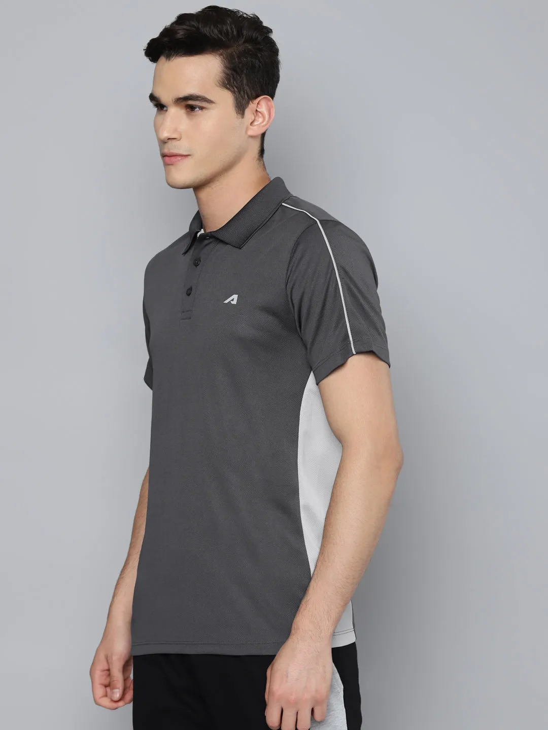 TwoTone Fabric Blend Moisture control Alcis Men Charcoal White Polo Collar Slim Fit Training or Gym T-shirt