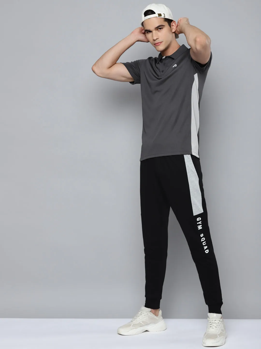 Alcis Men Charcoal White Polo Collar Slim Fit Training or Gym T-shirt DoubleLayered Fabric AntiPilling Technology