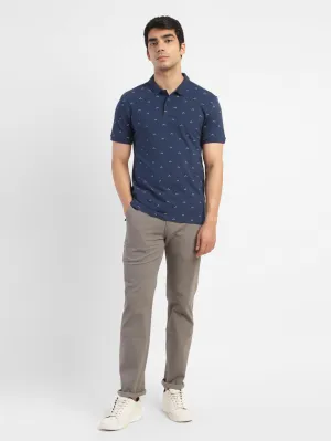Men's Geometric Print Polo T-shirt Navy Seamless Shoulder Classic Neckline