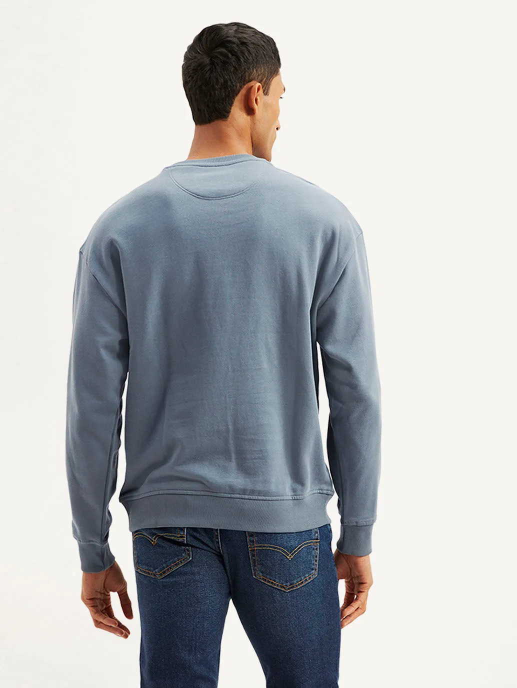 Men's Typographic Blue Crew Neck Sweatshirt Embroidered Details Trendy Look