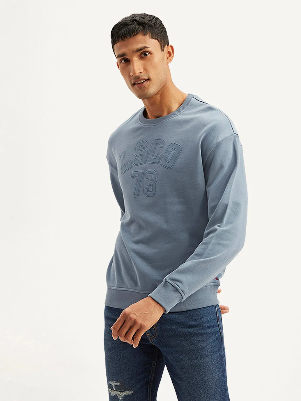Men's Typographic Blue Crew Neck Sweatshirt Durable Stitching Park Stroll