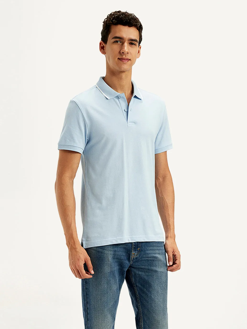 Men's Solid Light Blue Slim Fit Polo T-Shirt Weekend Vibes Durable Double Stitching