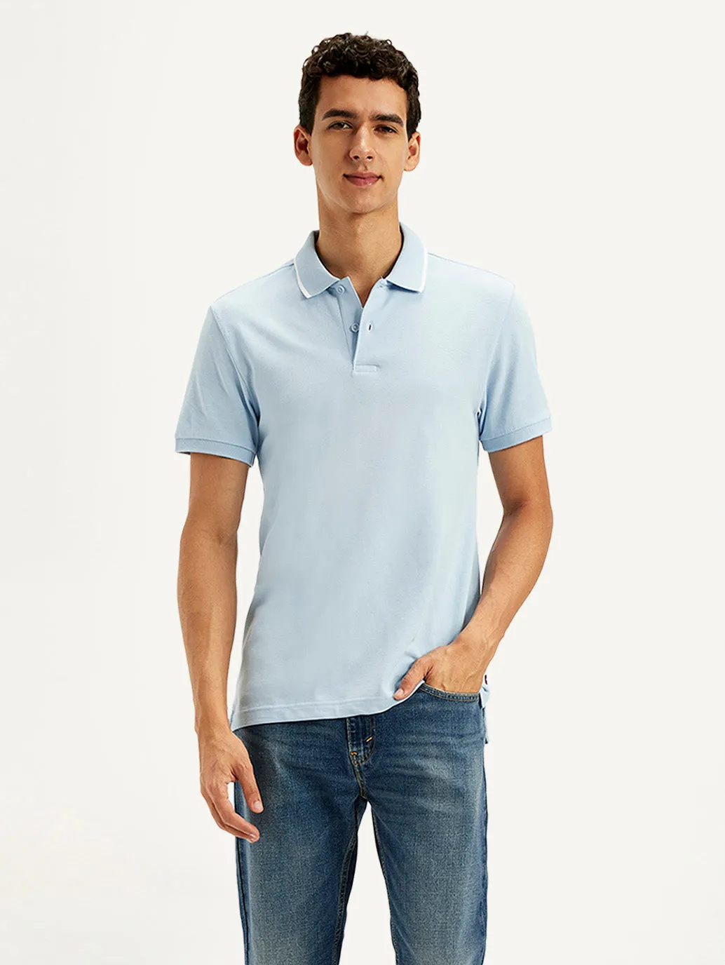 Men's Solid Light Blue Slim Fit Polo T-Shirt Preppy Style