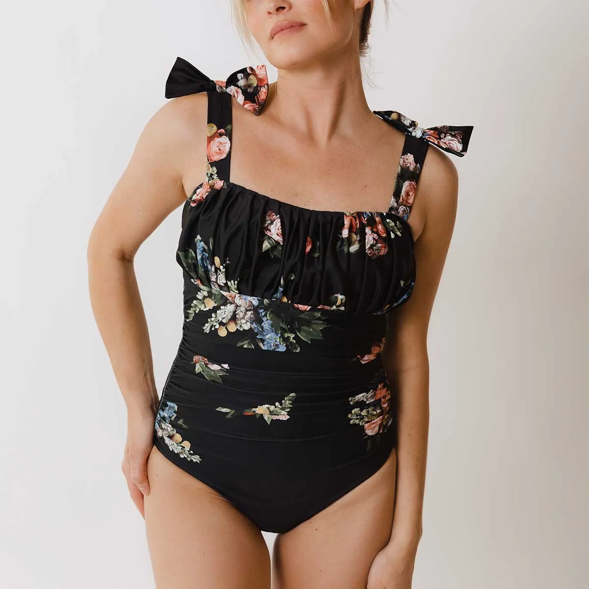 Ruched Bow One-Piece, Rose Black Eco Friendly Packaging Fashion Forward