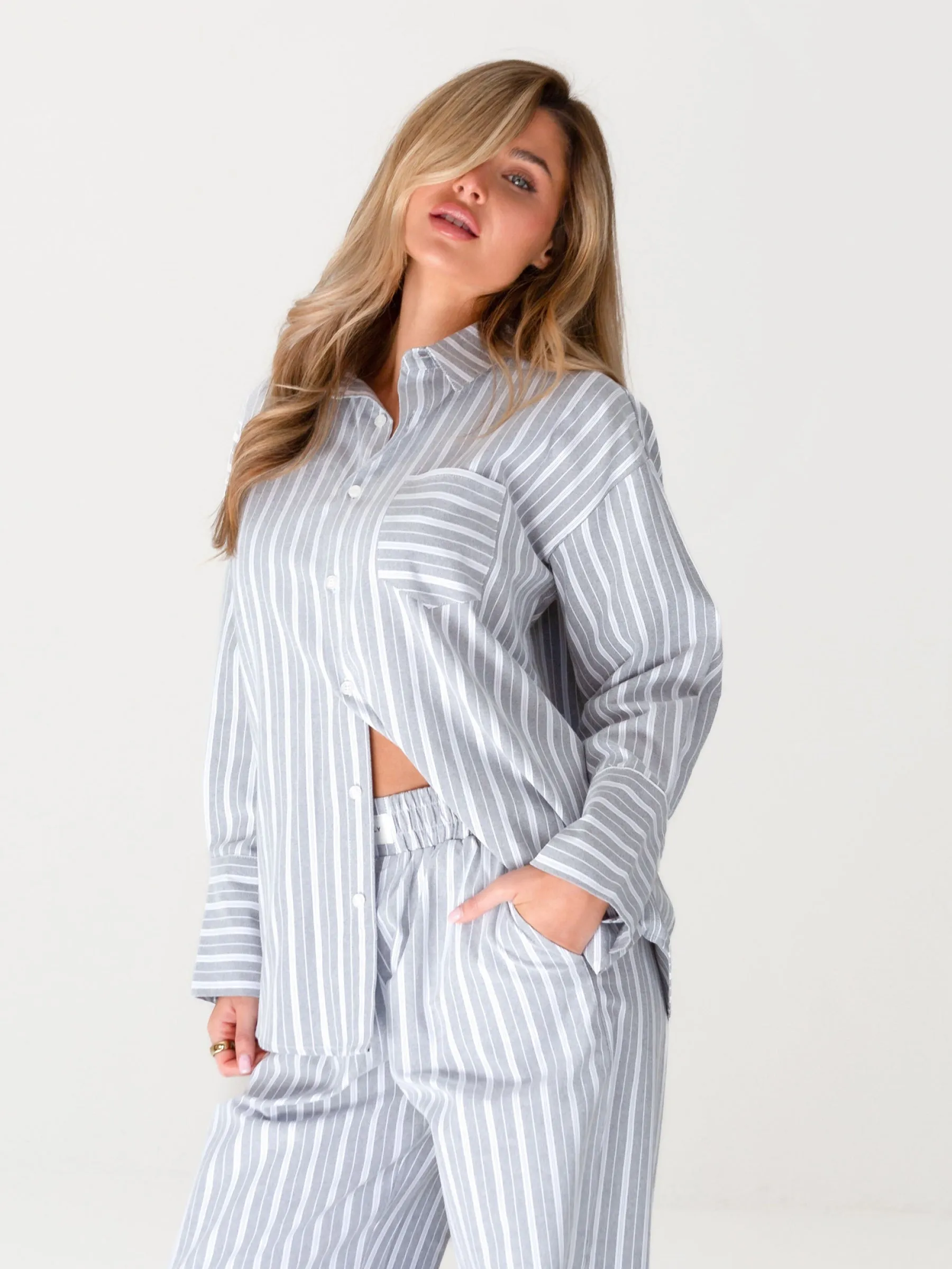 Elena Stripe Shirt - Grey Low Profile Collar Travel Trend