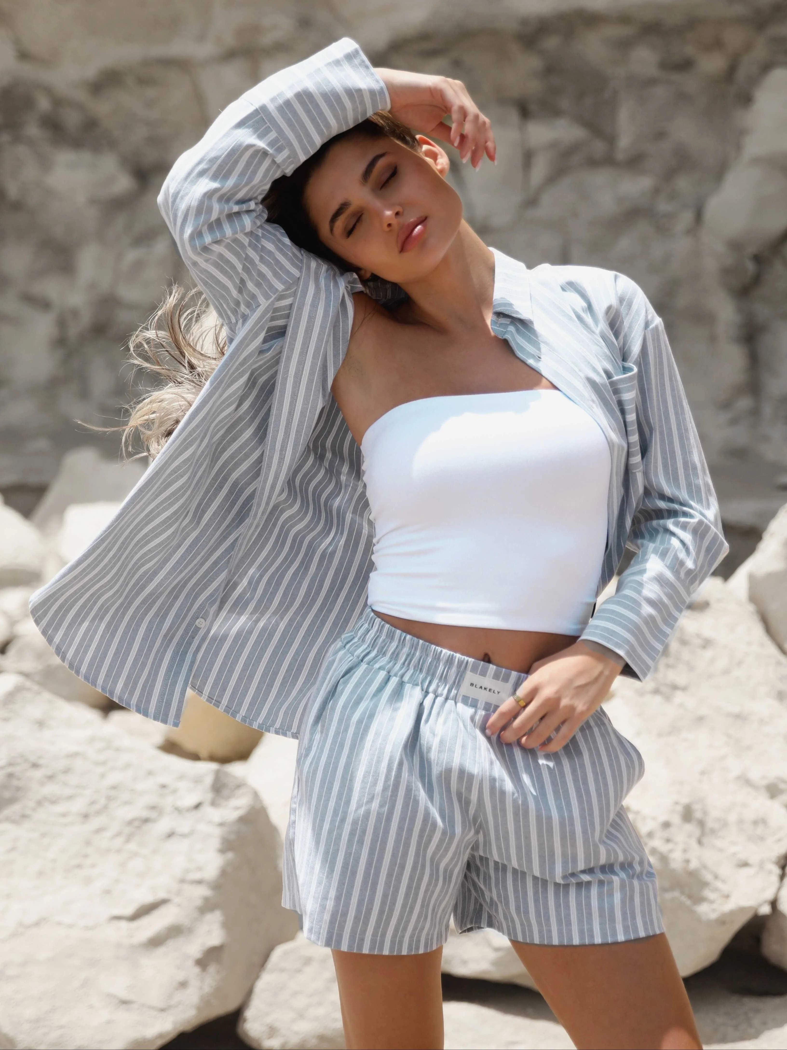 Elena Stripe Shirt - Grey Breathable Look Tagless Neckline