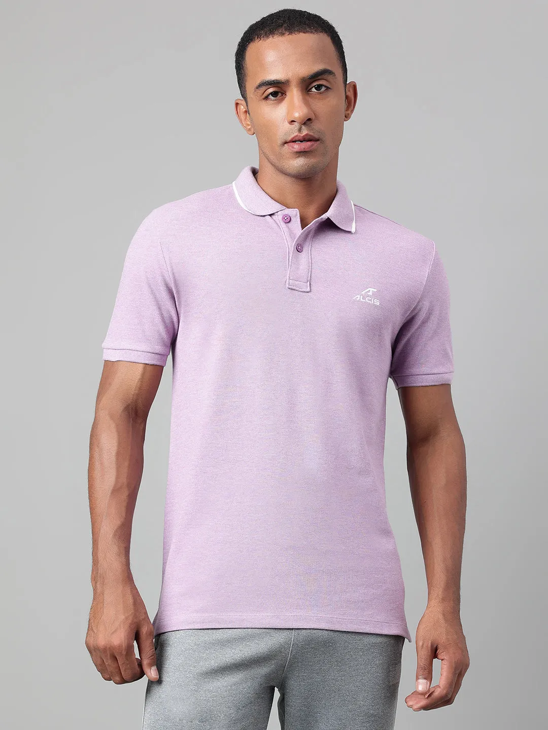 TearResistant Fiber Weekend Outing Alcis Men's Purple Melange Soft-Touch Regular-Fit Athleisure Polo T-Shirt