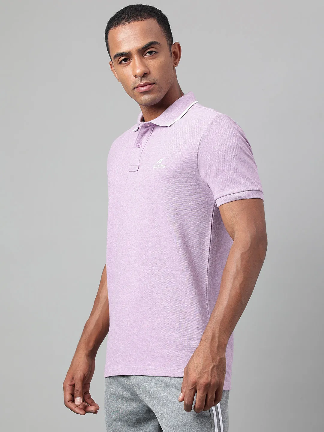 Alcis Men's Purple Melange Soft-Touch Regular-Fit Athleisure Polo T-Shirt Bound Seam Finish Recycled Polyester Mix